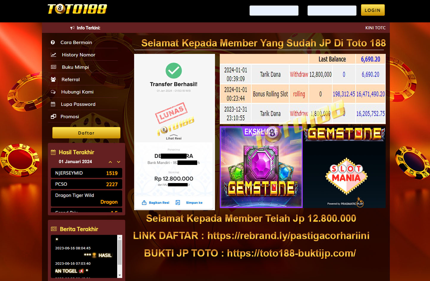 Bukti Jp Kemenangan Toto188 GemStone 01 Januari 2024