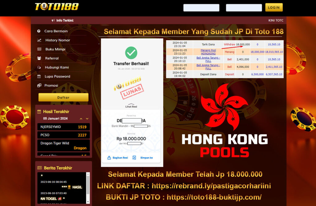 Bukti Jp Kemenangan Toto188 Hongkong Pools 06 Januari 2024