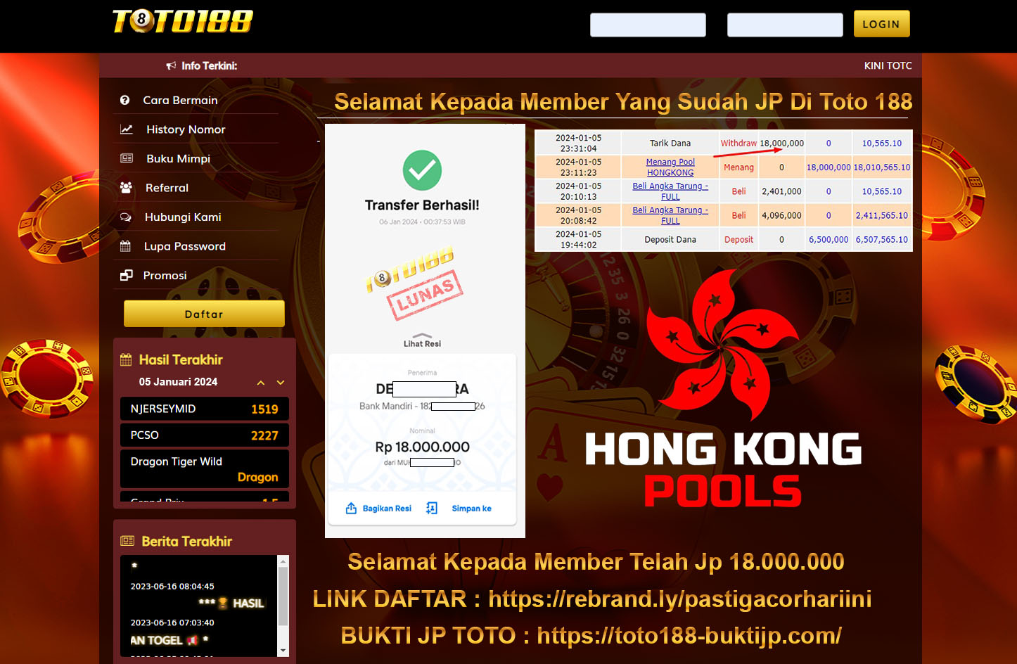 Bukti Jp Kemenangan Toto188 Hongkong Pools 06 Januari 2024