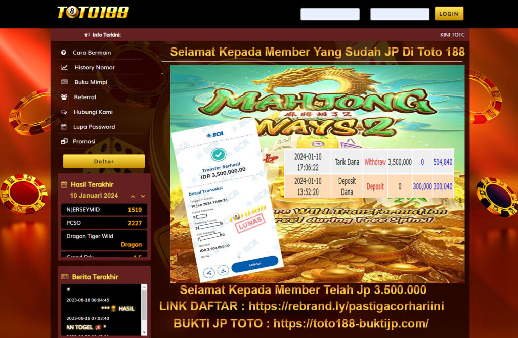 Bukti Jp Kemenangan Toto188 Mahjong Ways2 10 Januari 2024