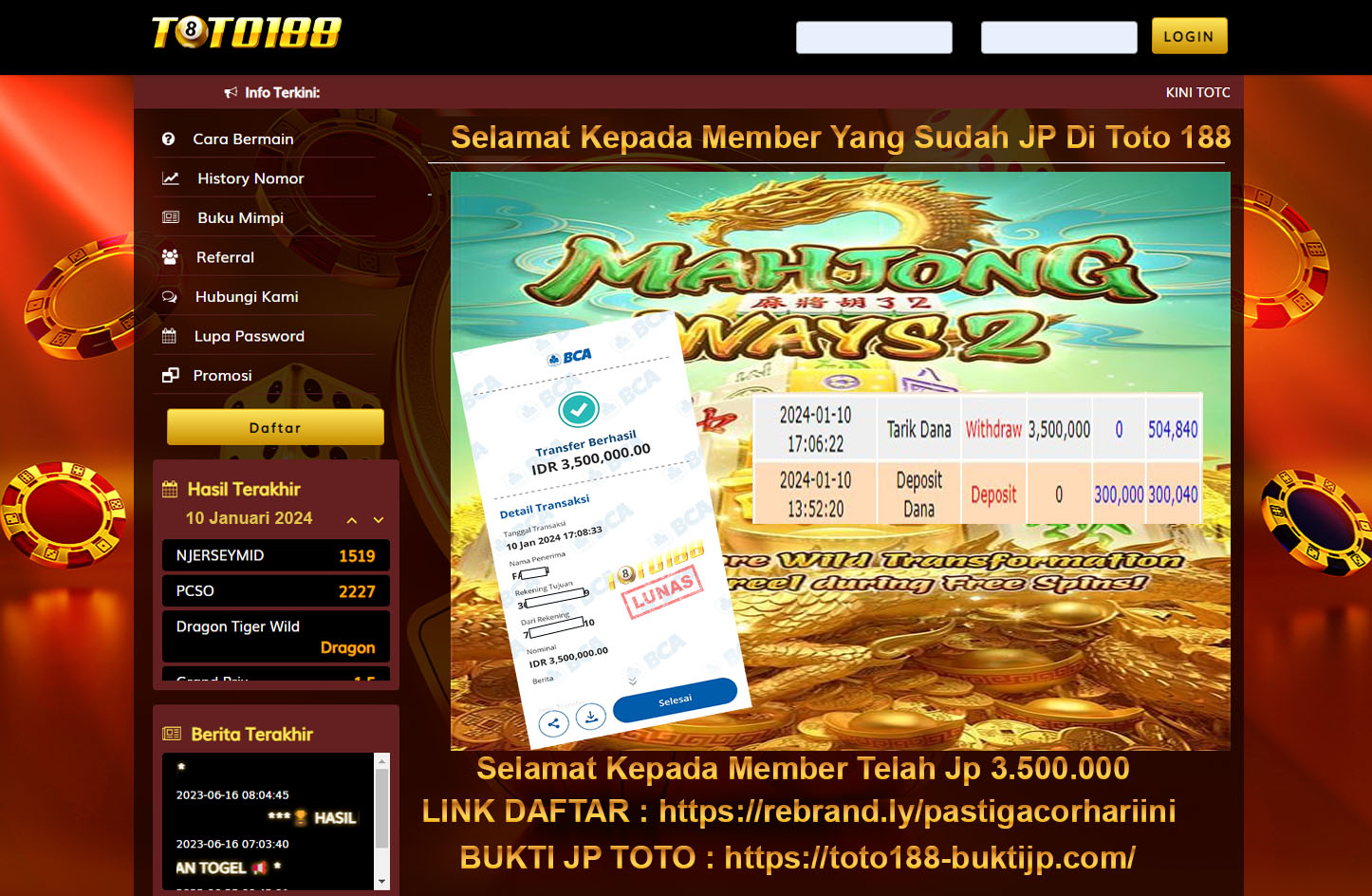 Bukti Jp Kemenangan Toto188 Mahjong Ways2 10 Januari 2024