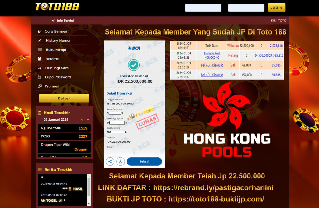 Bukti Jp Kemenangan Toto188 Hongkong Pools 05 Januari 2024