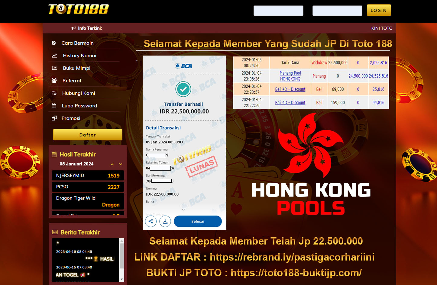 Bukti Jp Kemenangan Toto188 Hongkong Pools 05 Januari 2024