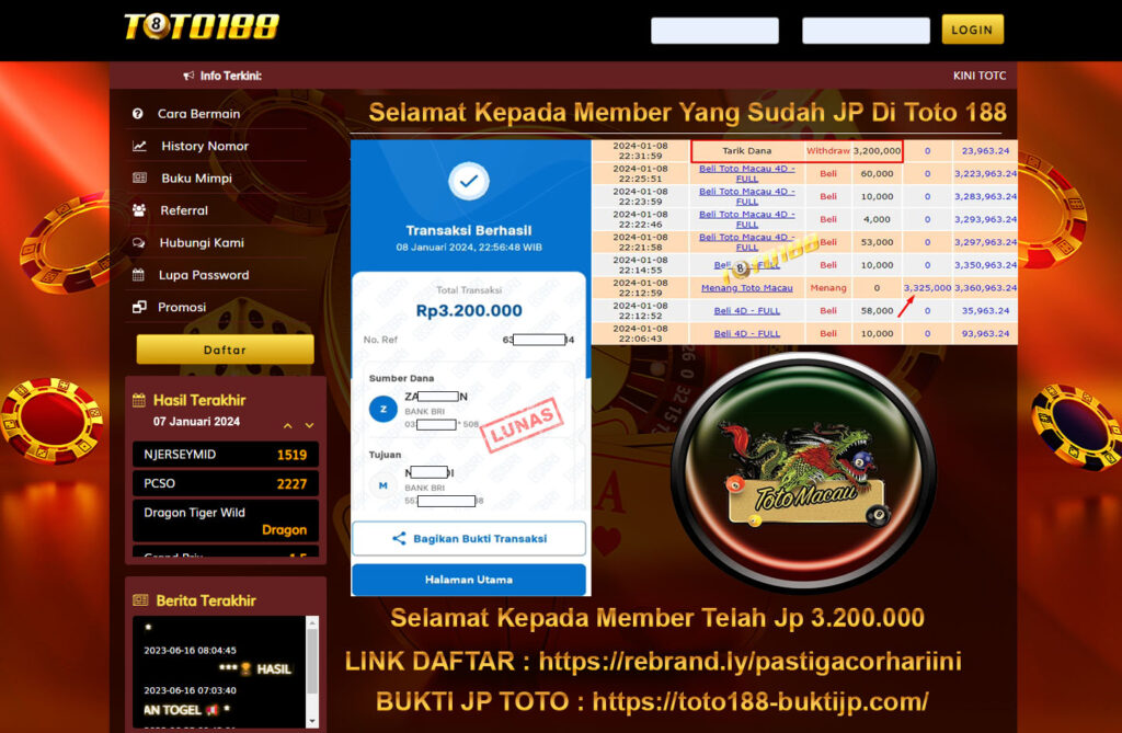 Bukti Jp Kemenangan Toto188 Toto Macau 08 Januari 2024
