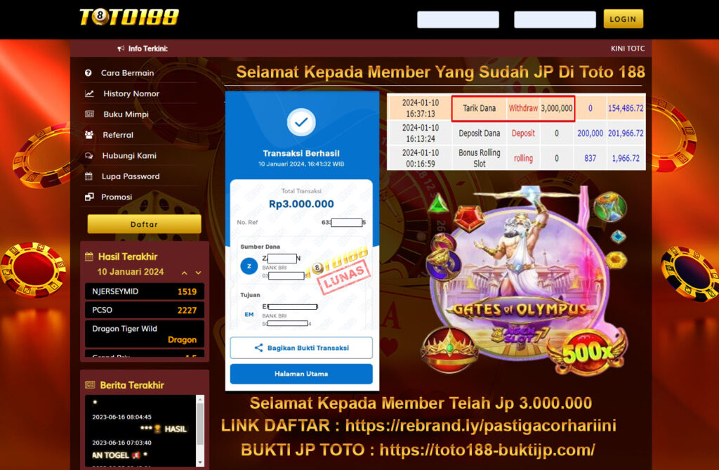 Bukti Jp Kemenangan Toto188 Gates Of Olympus 10 Januari 2024