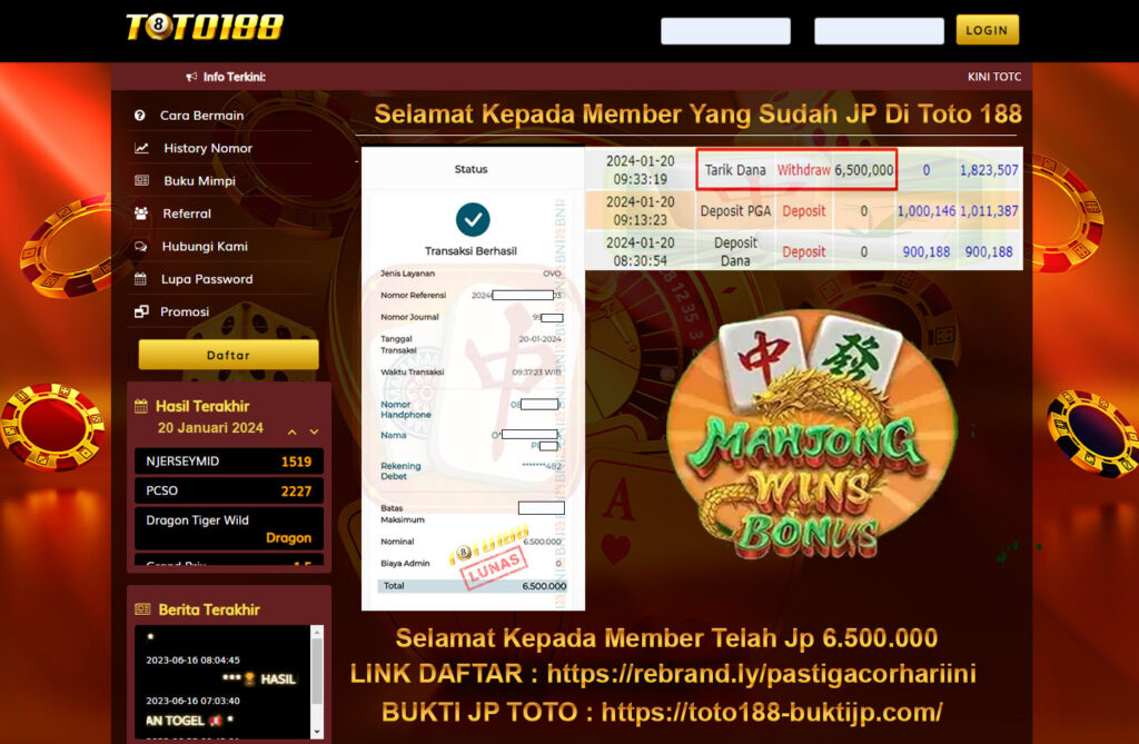 Bukti Jp Kemenangan Toto188 Mahjong Wins Bonus 20 Januari 2024
