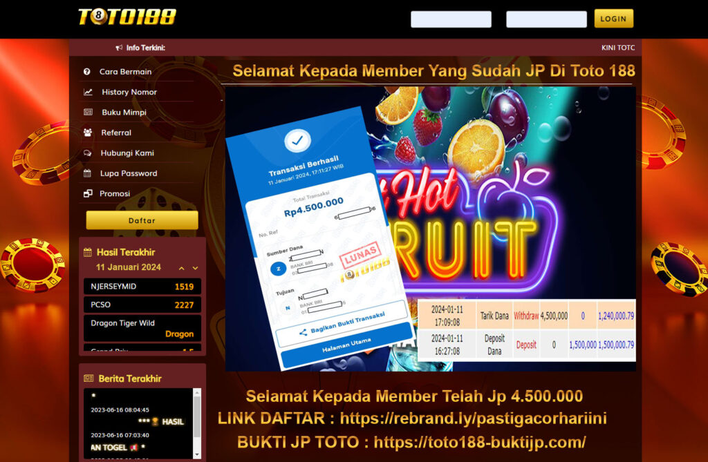 Bukti Jp Kemenangan Toto188 HotHotFruit 11 Januari 2024