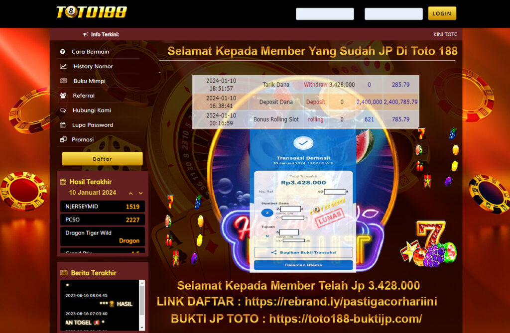 Bukti Jp Kemenangan Toto188 HotHotFruitLeverlUp 10 Januari 2024