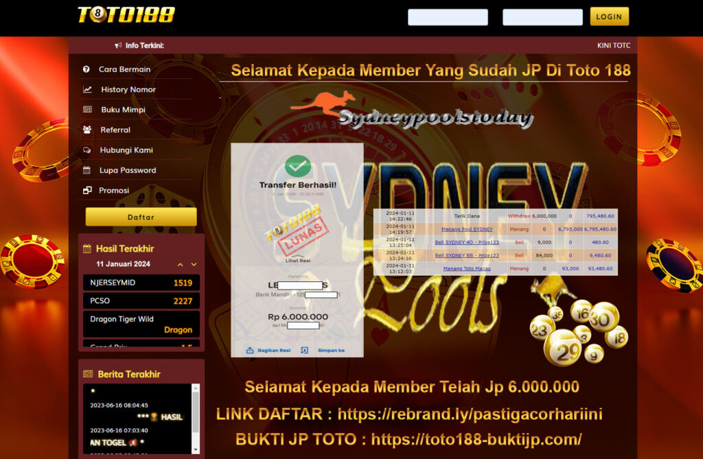 Bukti Jp Kemenangan Toto188 Sydney Pools 11 Januari 2024