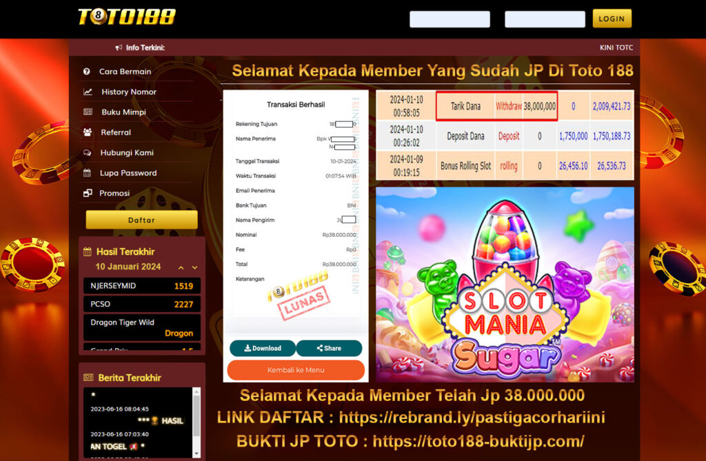 Bukti Jp Kemenangan Toto188 Slot Mania Sugar 10 Januari 2024
