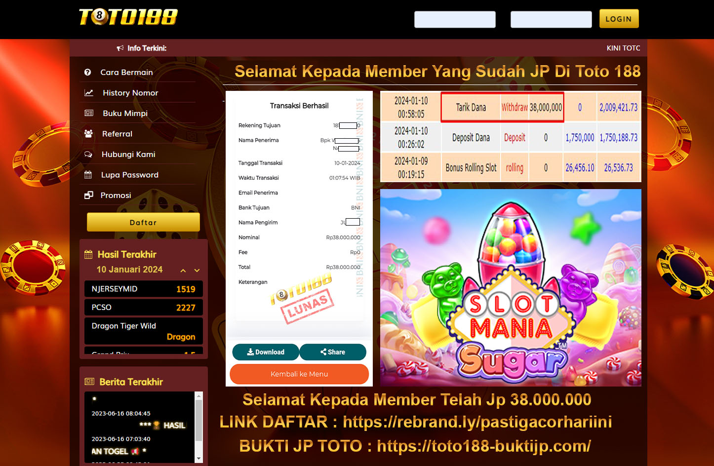Bukti Jp Kemenangan Toto188 Slot Mania Sugar 10 Januari 2024