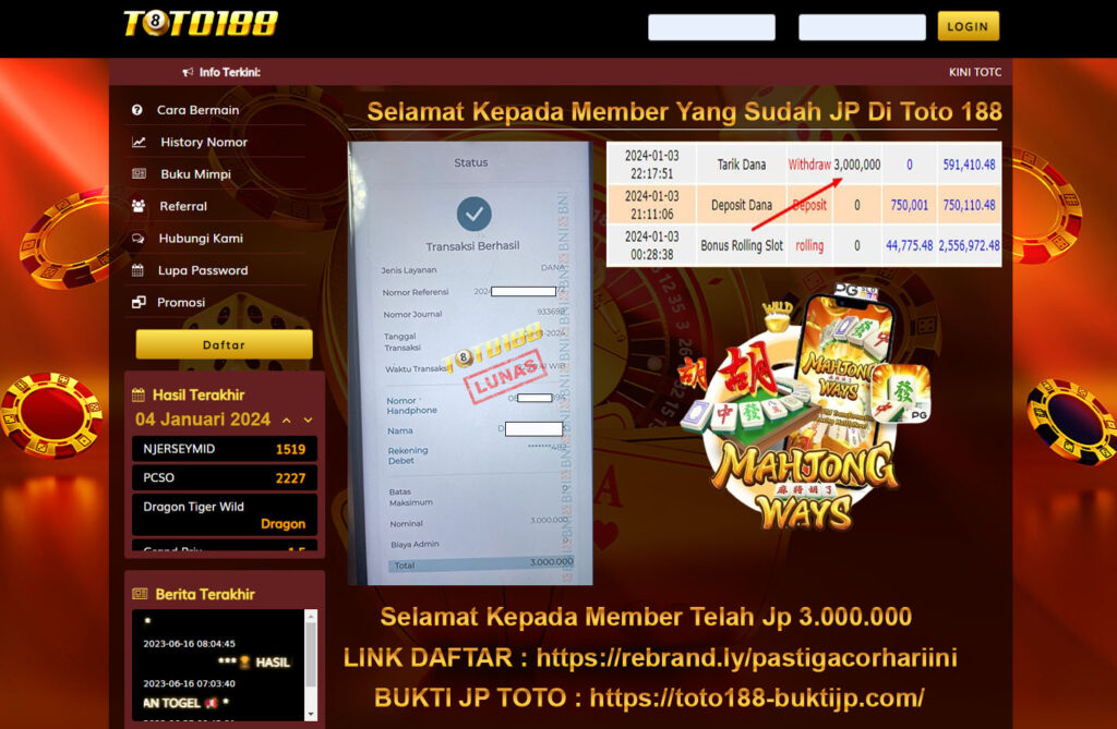 Bukti Jp Kemenangan Toto188 Mahjong Ways 04 Januari 2024