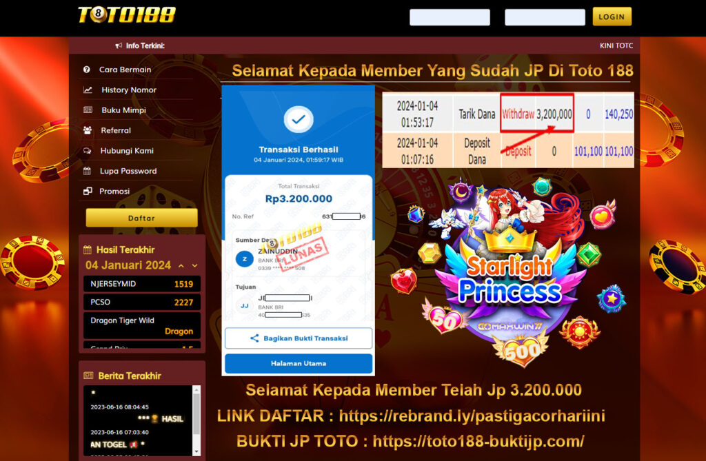 Bukti Jp Kemenangan Toto18 Starlight Princess 04 januari 2024