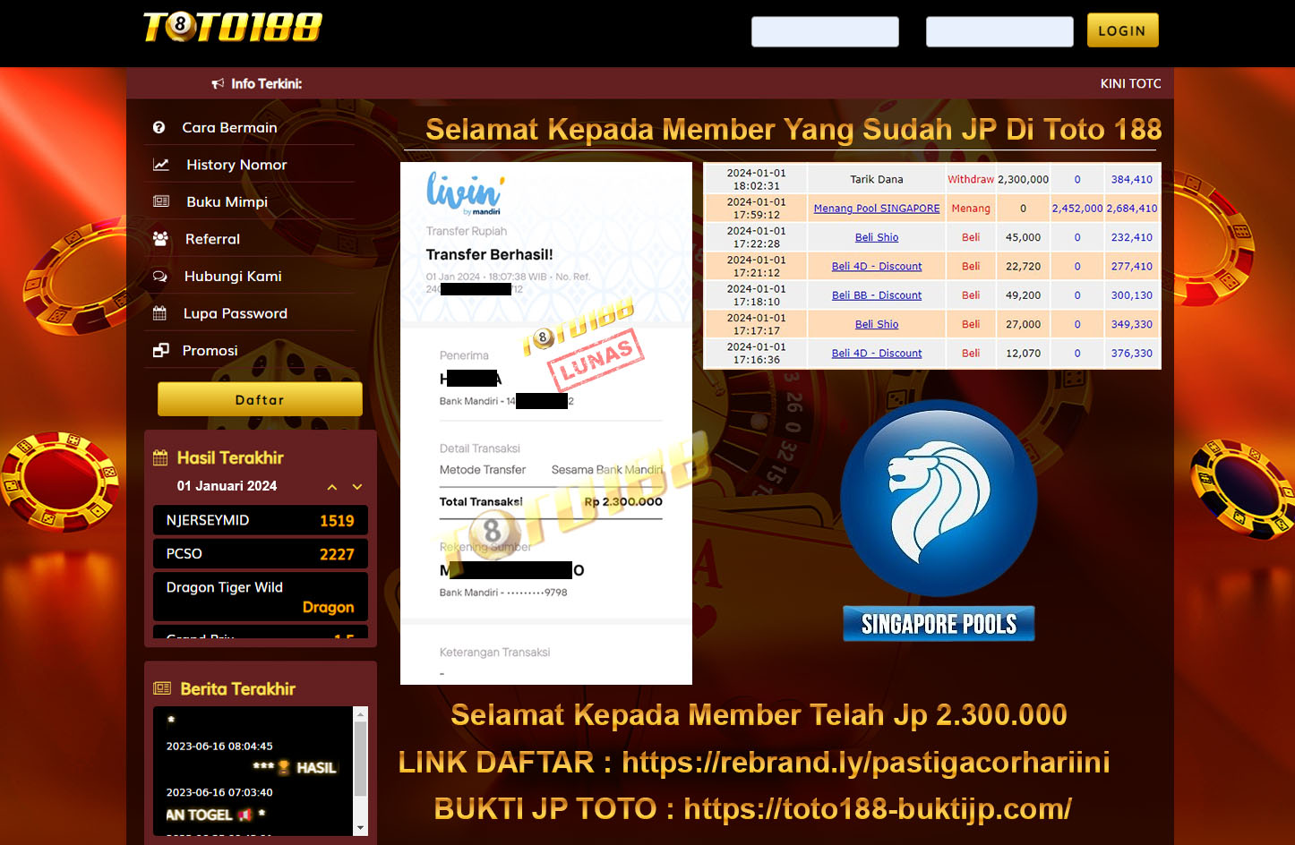 Bukti Jp Kemenangan Toto188 Singapore Pools 01 Januari 2024
