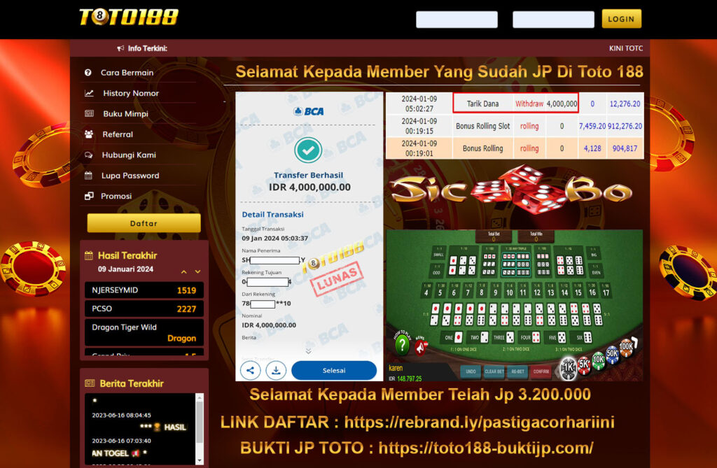 Bukti Jp Kemenangan Toto188 Sicbo 09 Januari 2024