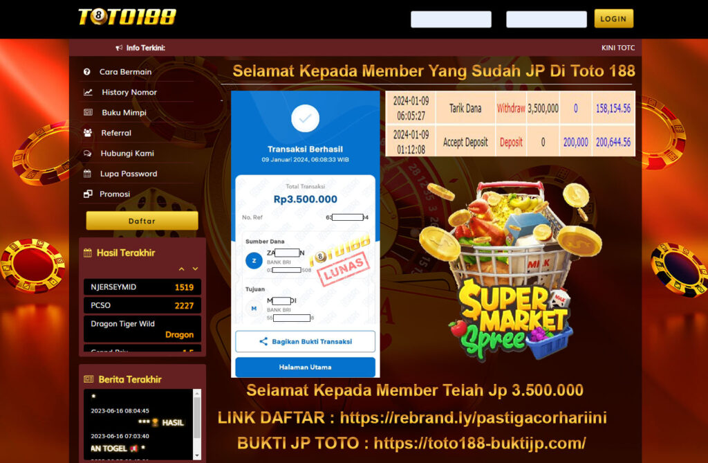 Bukti Jp Kemenangan Toto188 Supermarket Spree 09 Januari 2024