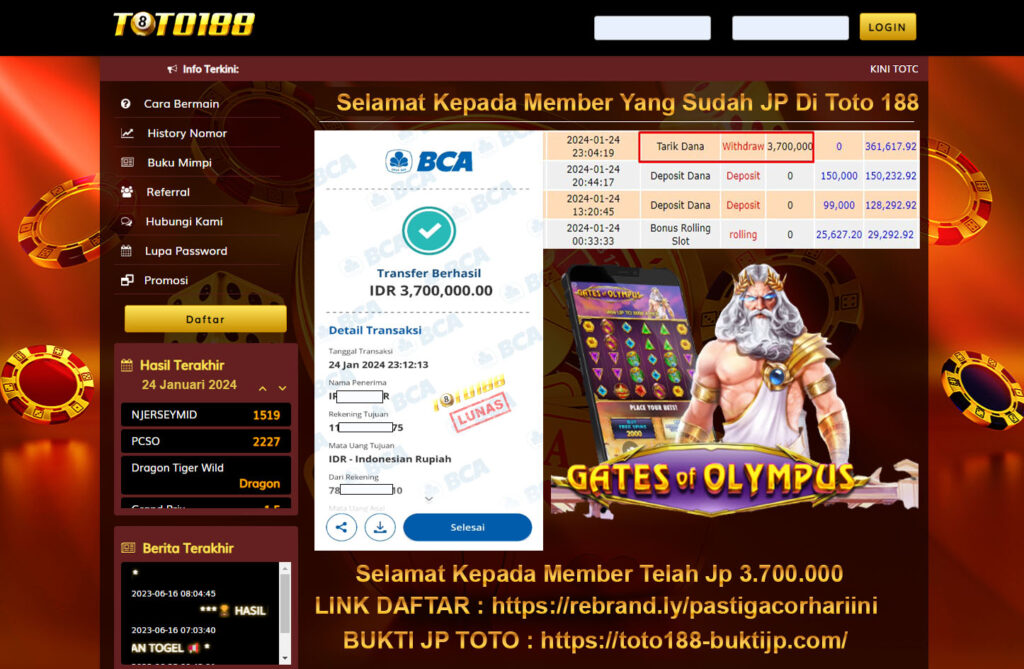 Bukti Jp Kemenangan Toto18 Gates Of Olympus 24 Januari 2024