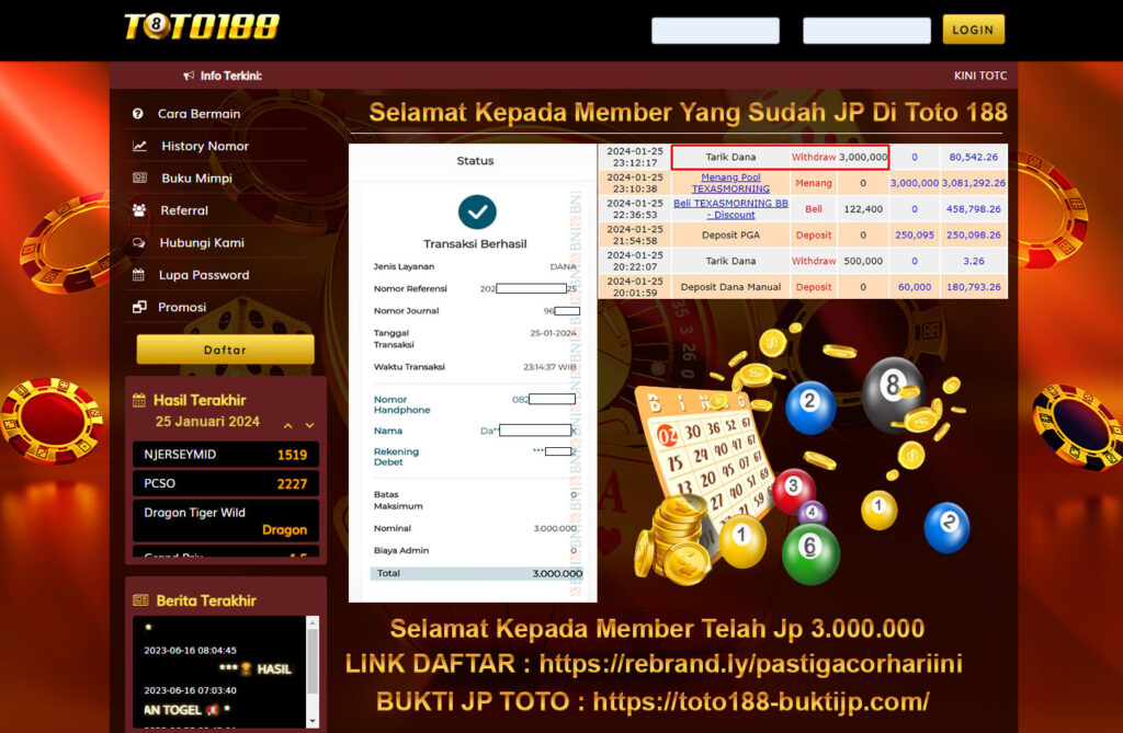 Bukti Jp Kemenangan Toto188 TexasMorning Pools 25 Januari 2024