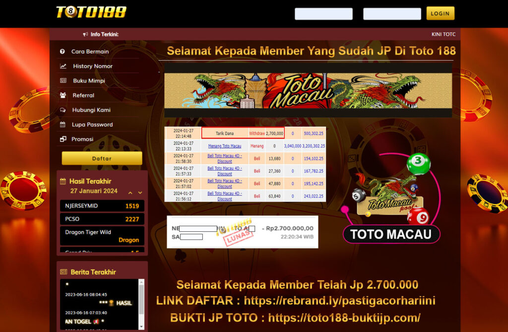 Bukti Jp Kemenangan TOTO MACAU Toto188 27 Januari 2024