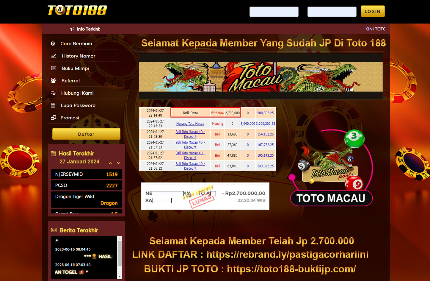 Bukti Jp Kemenangan TOTO MACAU Toto188 27 Januari 2024