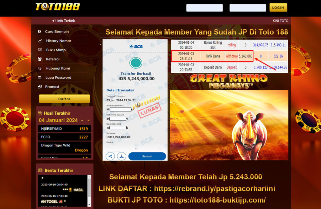 Bukti Jp Kemenangan Toto188 Great Rhino Megaways 04 Januari 2024