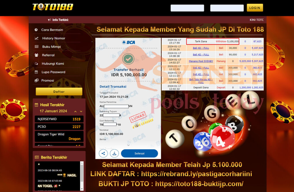 Bukti Jp Kemenangan Toto188 Sydney Pools 17 Januari 2024