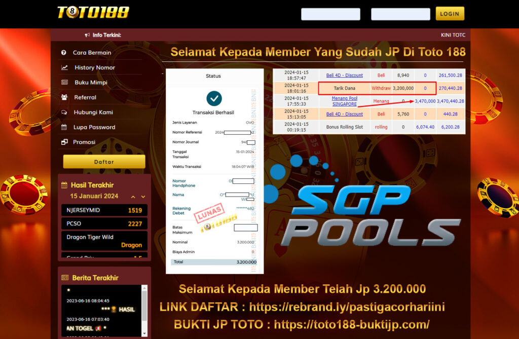 Bukti Jp Kemenangan Toto188 15 Januari 2024