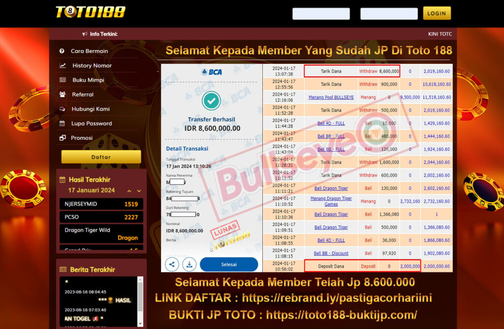 Bukti Jp Kemenangan Toto188 Bullseye Pools 17 Januari 2024
