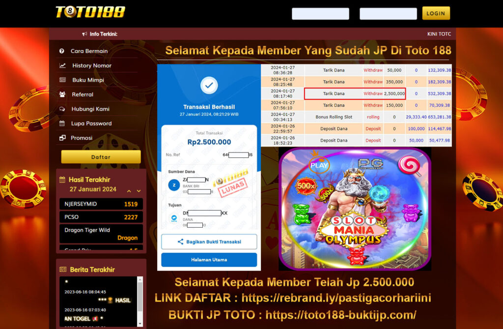 Bukti Jp Kemenangan Toto188 Slot Mania Olympus 27 Januari 2024
