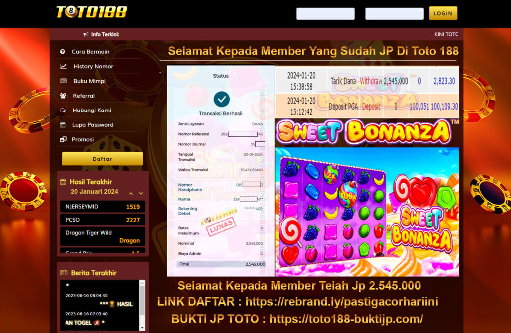 Bukti JP kemenangan Toto188 Sweet Bonanza 20 Januari 2024