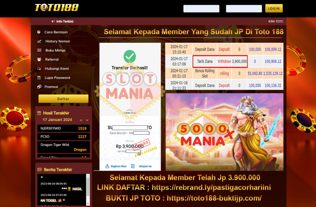 Bukti Jp Kemenangan Toto188 5000X Mania 17 Januari 2024