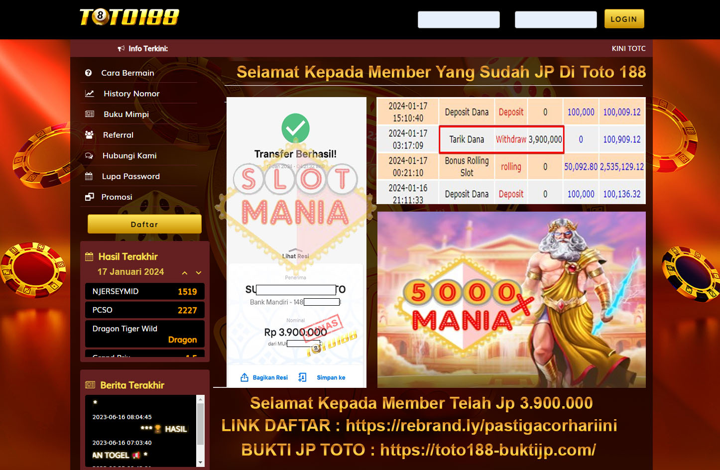 Bukti Jp Kemenangan Toto188 5000X Mania 17 Januari 2024