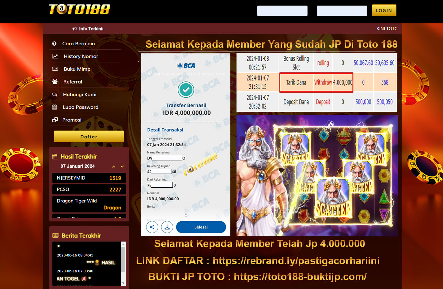 Bukti Jp Kemenangan Toto188 Gates Of Olympus 07 Januari 2024