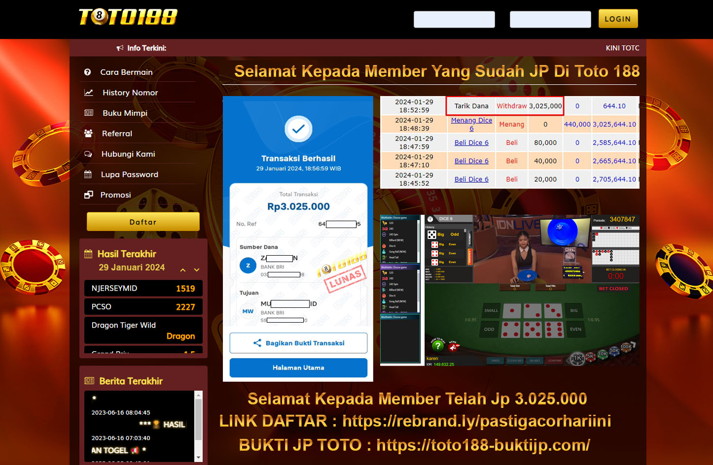 Bukti Jp Kemenangan Toto188 29 Januari 2024