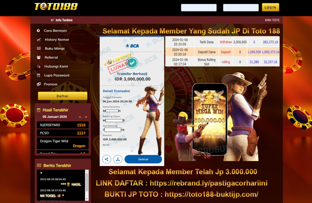 Bukti Jp Kemenangan Toto188 Wild Bounty Showdown 06 Januari2024