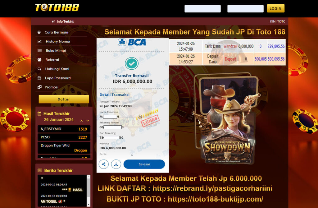 Bukti Jp Kemenangan Toto188 Wild Bounty ShowDown 26 Januari 2024