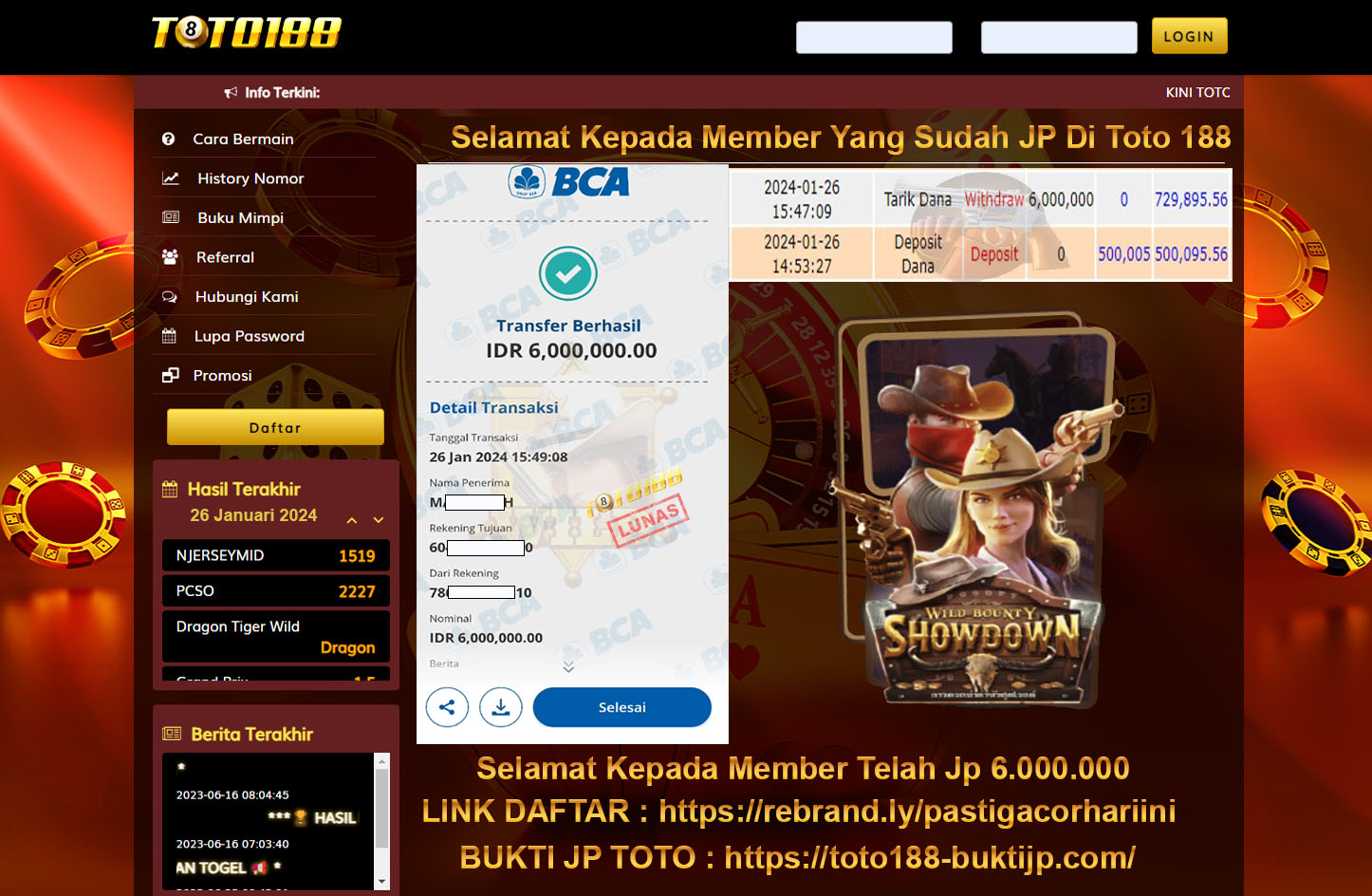 Bukti Jp Kemenangan Toto188 Wild Bounty ShowDown 26 Januari 2024