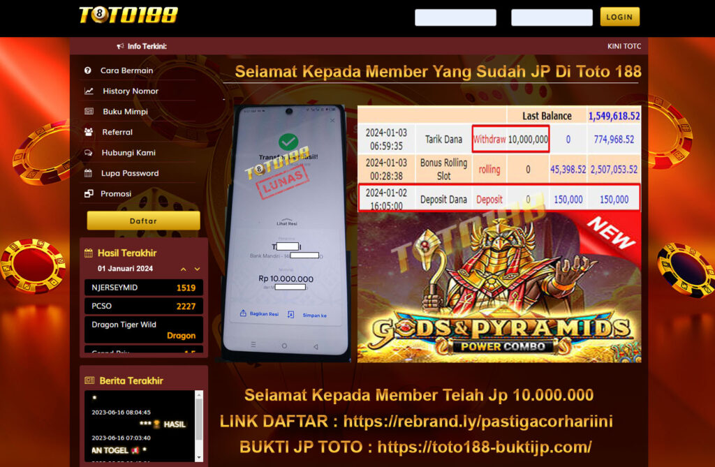 Bukti Jp Kemenangan Toto188 Gods & Pyramid 03 Januari 2024