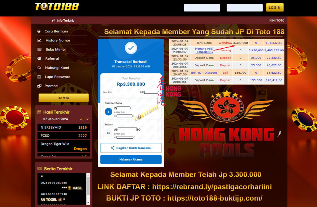 Bukti Jp Kemenangan Toto188 Hongkong Pools 07 Januari 2024
