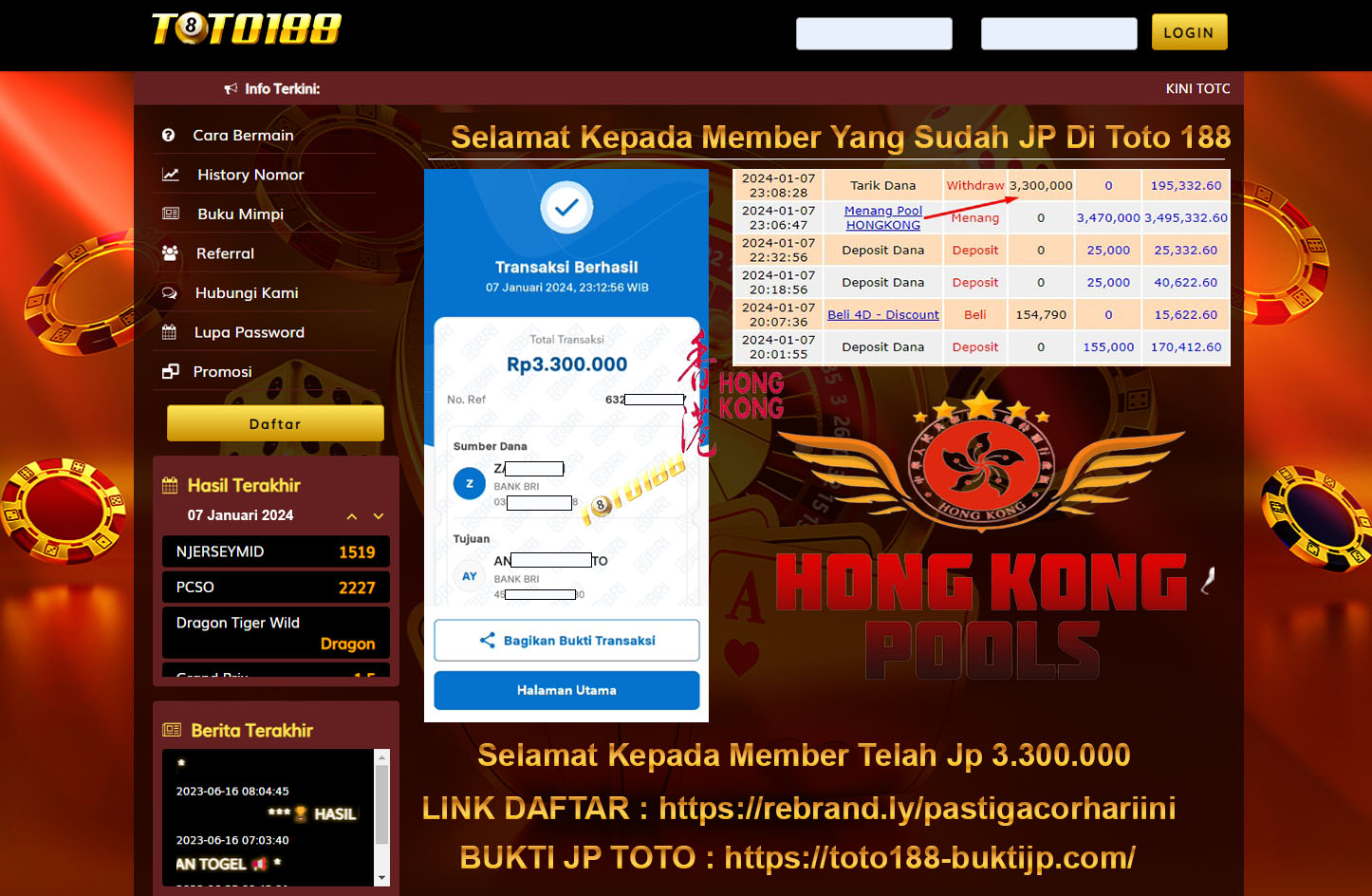 Bukti Jp Kemenangan Toto188 Hongkong Pools 07 Januari 2024