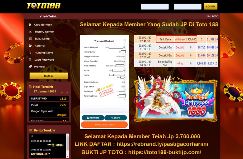 Bukti Jp Kemenangan Toto188 Starlight Princess 1000 27 Januari 2024