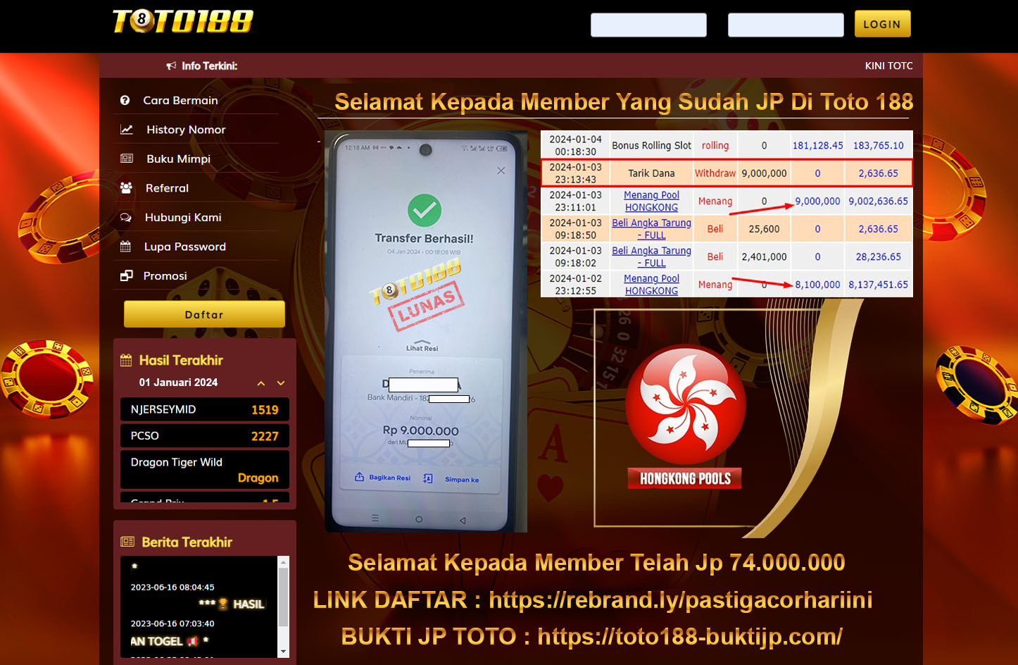 Bukti Jp Kemenangan Toto188 Hongkong Pools 04 Januari 2024