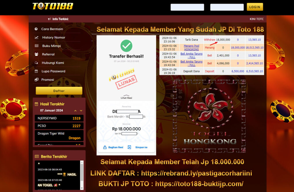 Bukti Jp Kemenangan Toto188 Hongkong Pools 07 Januari 2024