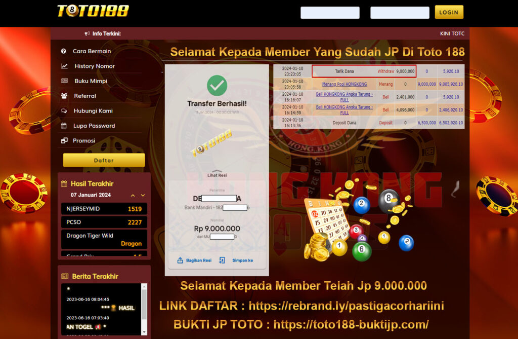 Bukti Jp Kemenangan Toto188 11 Januari 2024