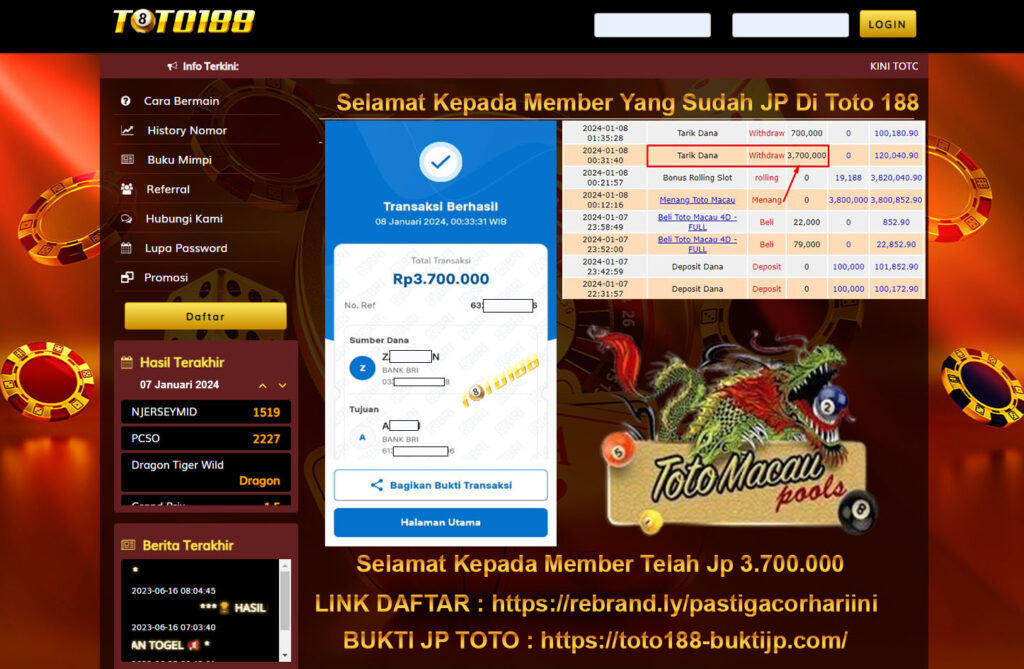 Bukti Jp Kemenangan Toto188 Toto Macau 08 Januari 2024