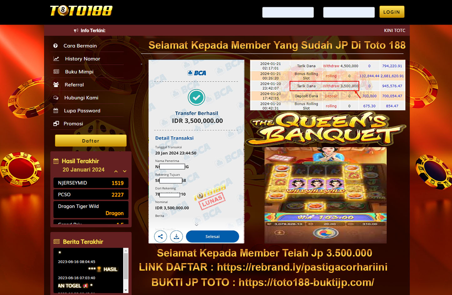 Bukti Jp Kemenangan Toto188 The Queen Banquet 20 Januari 2024
