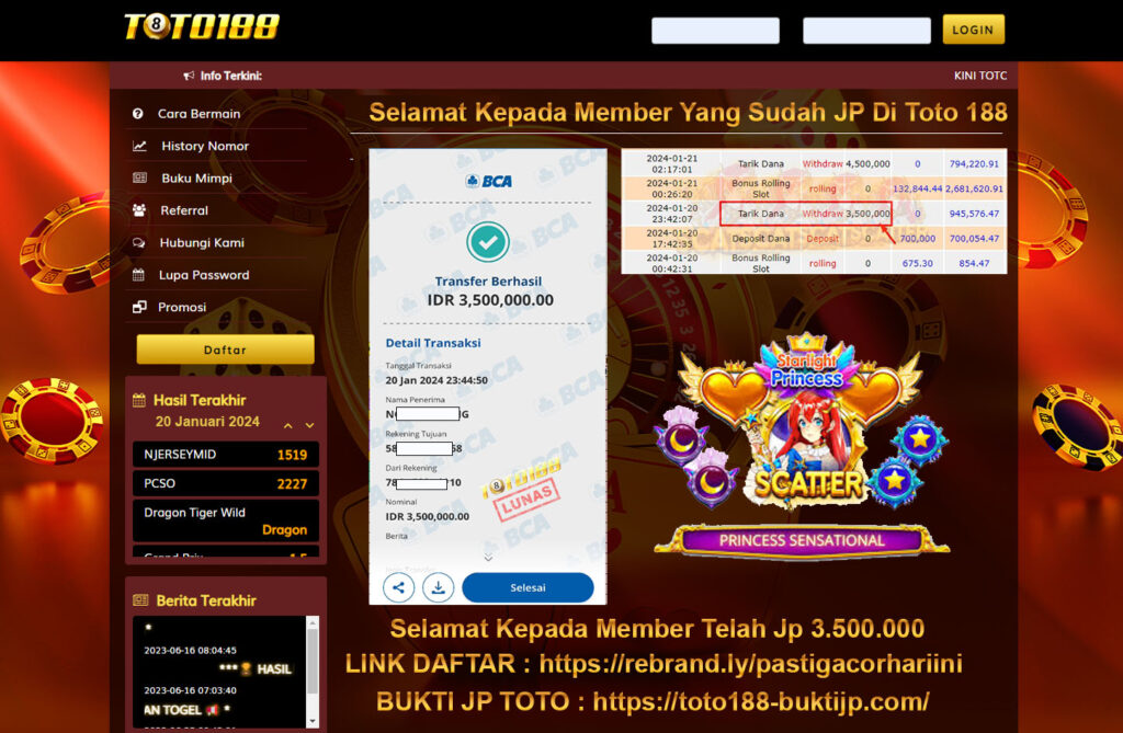 Bukti Jp Kemenangan Toto188 Starlight Princess 20 Januari 2024