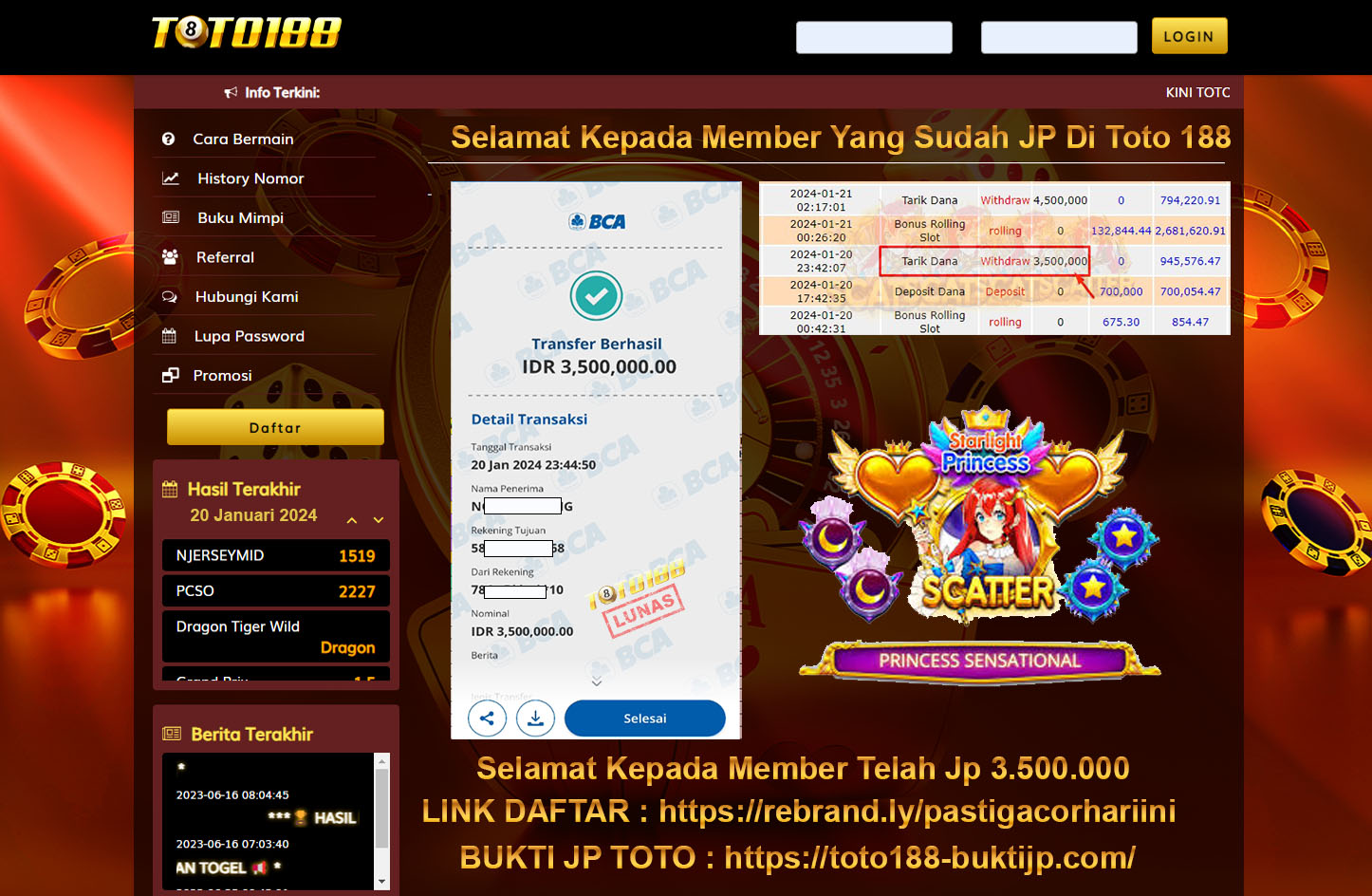 Bukti Jp Kemenangan Toto188 Starlight Princess 20 Januari 2024