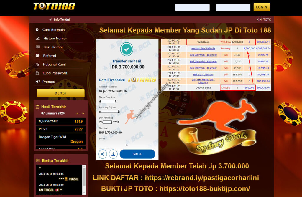 Bukti Jp Kemenangan Toto188 Sydney Pools 07 Januari 2024