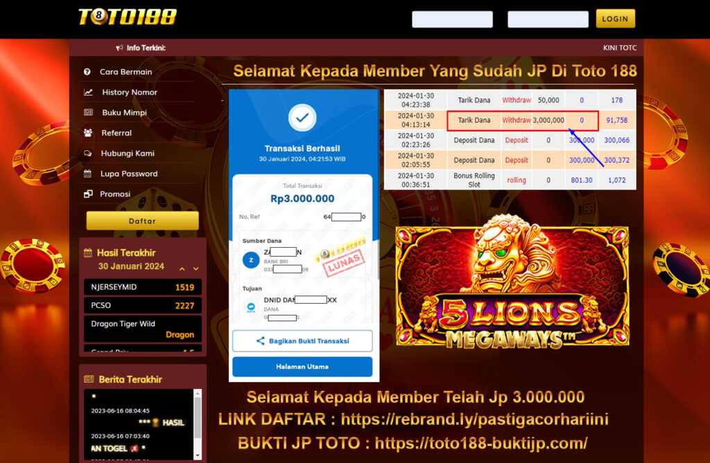 Bukti Jp Kemenangan Toto188 5 Lion Megaways 30 Januari 2024